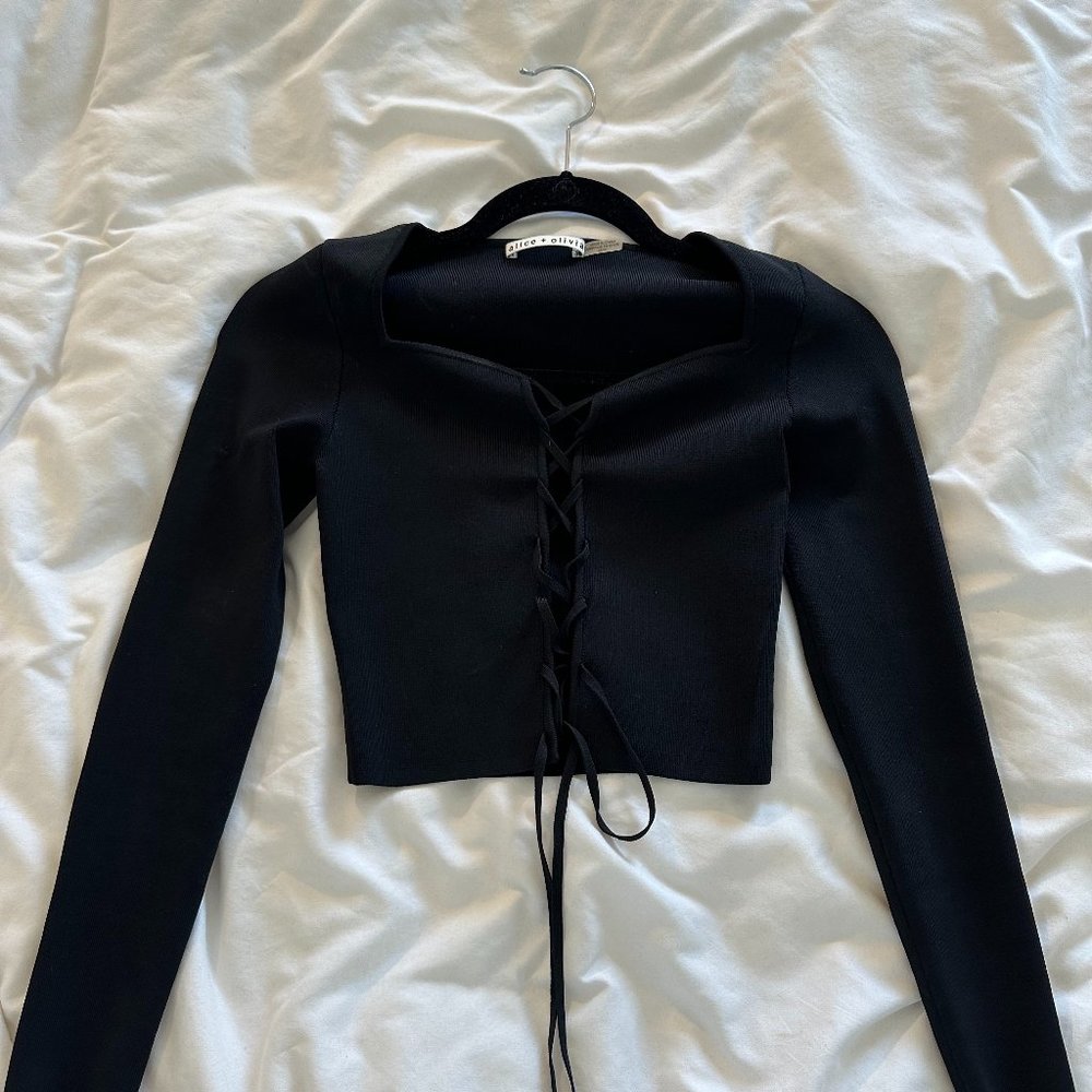 Alice + Olivia Sharee Crop Tie Front Blouse